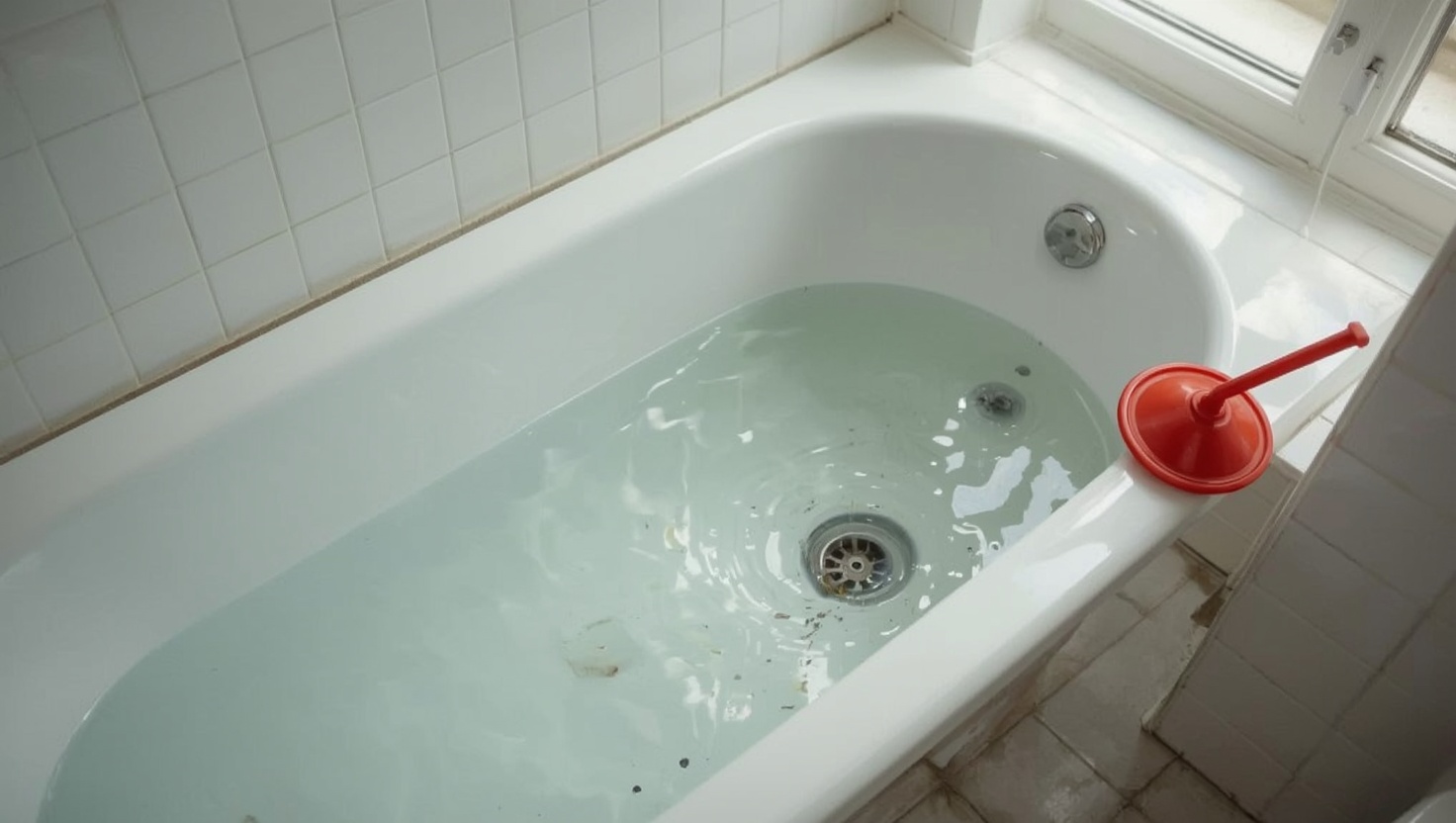 Nächtlicher Noteinsatz bei verstopfter Badewanne in Wien, Saugglocke am Wannenrand